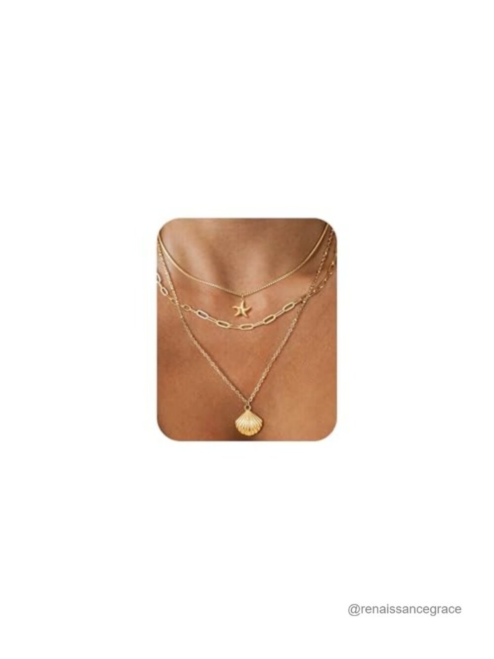 14K Gold Plated Starfish Seashell Layered Necklace Stack for Women